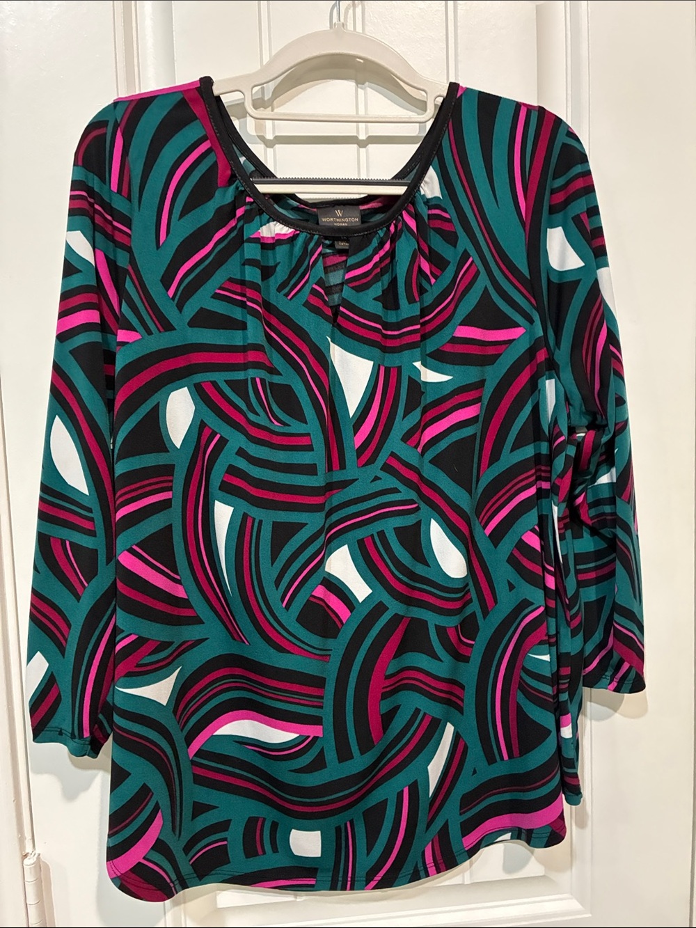 Worthington Teal, Pink & Black Abstract Scoop Neck Blouse